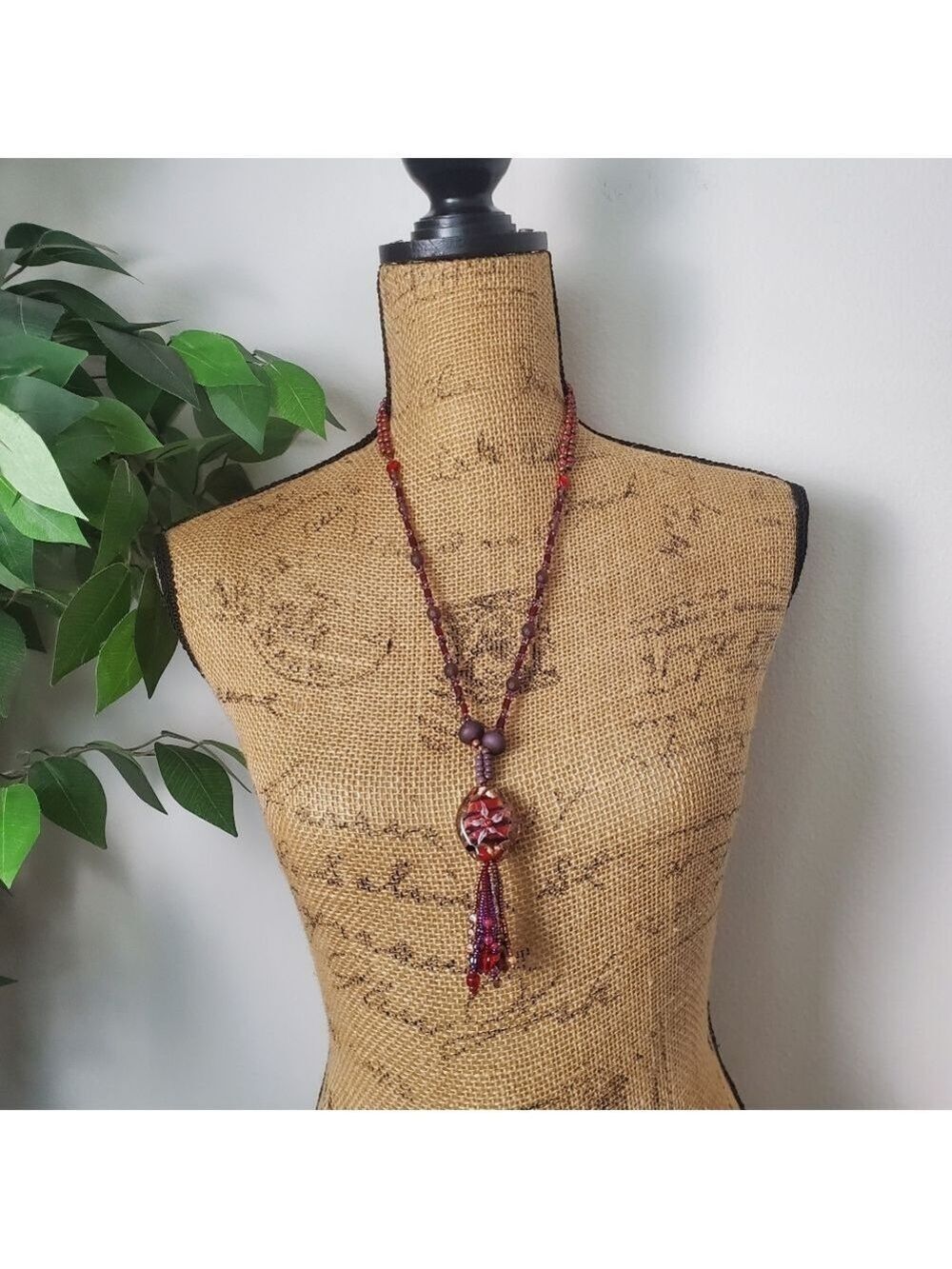 Elegant Beaded Fringe Necklace Red Pink Purple Stone
